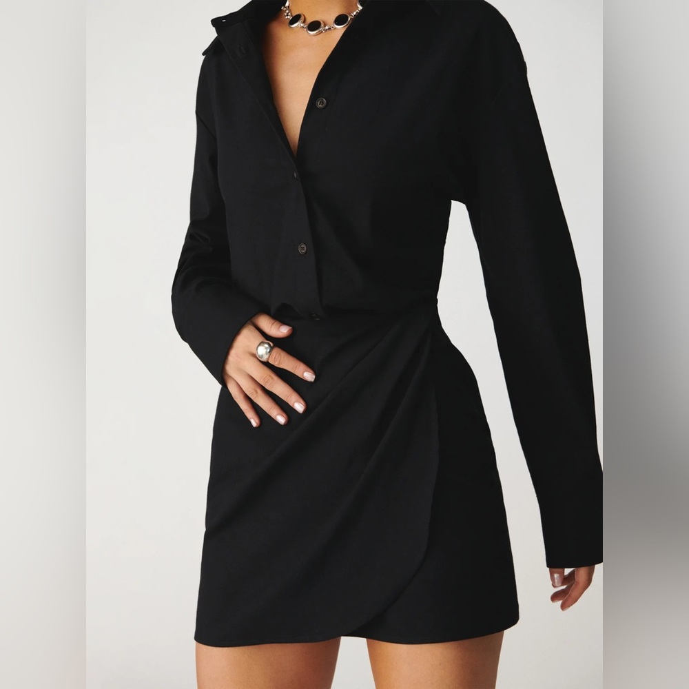 NWT Reformation Weston Shirt Dress Ruched Wrap Black Collared 6 Mini